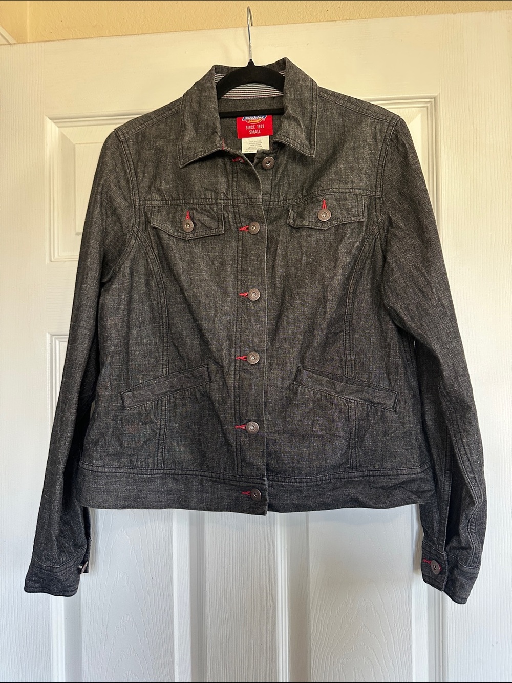 Dickies Women's Charcoal Denim Jacket with Red Accent Stitching